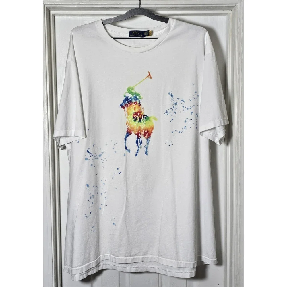 Polo Ralph Lauren Graphic‎ T Shirt Men's Size 4XB White Large Pony Logo Splatter